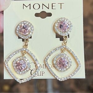 Pink and white crystal drop clip on earrings set in gold